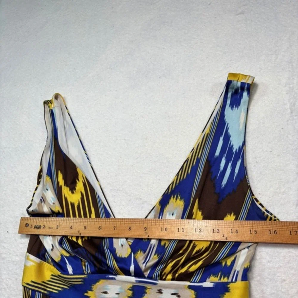 Tory Burch Silk Ikat Print V-Neck  Midi‎ Dress Blue Yellow Brown Size M #927